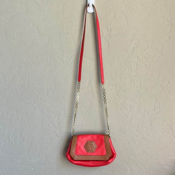 Jonathan Adler, Red and brown‎ Crossbody Bag gold accent metal strap - Picture 1 of 7